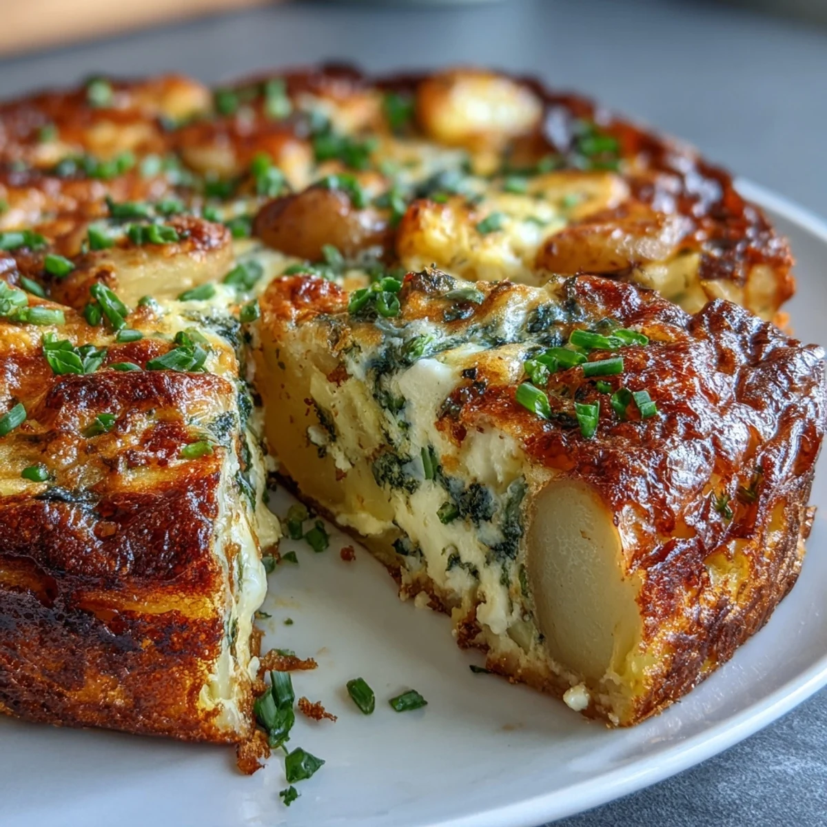 Golden-baked spring onion and potato frittata with melted cheddar cheese, perfect for a hearty brunch or light dinner.