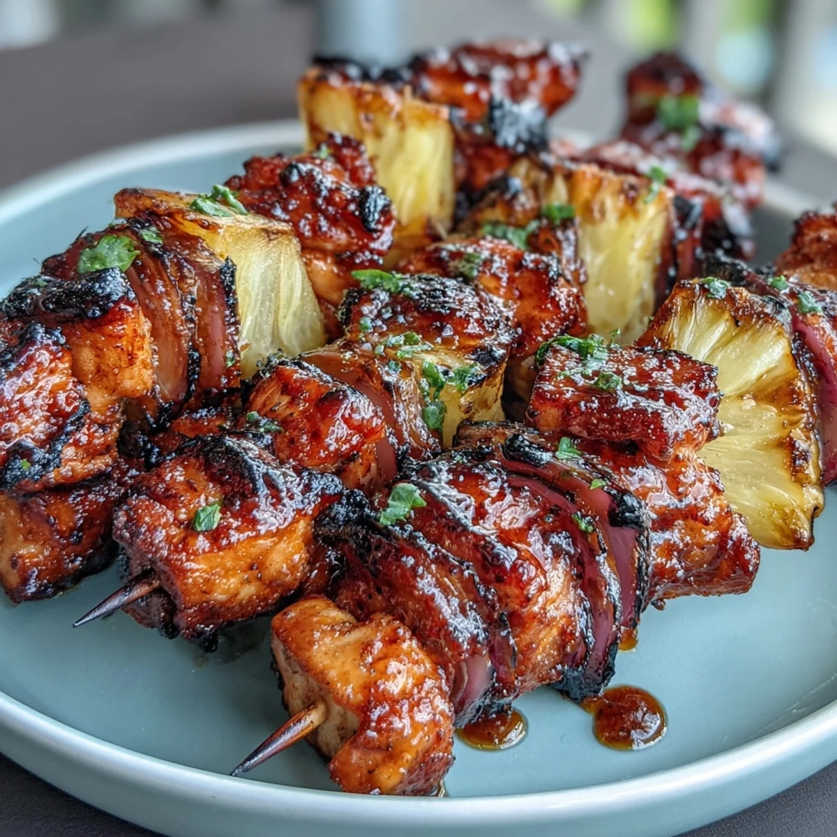 Colorful BBQ chicken pineapple kebabs with caramelized onion, perfect for summer cookouts and backyard grilling.