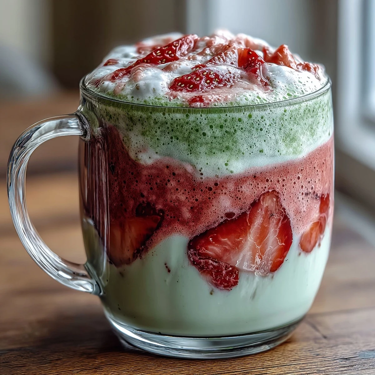Warm strawberry matcha latte with frothy milk and vibrant green matcha, served in cozy mugs for relaxing evenings.