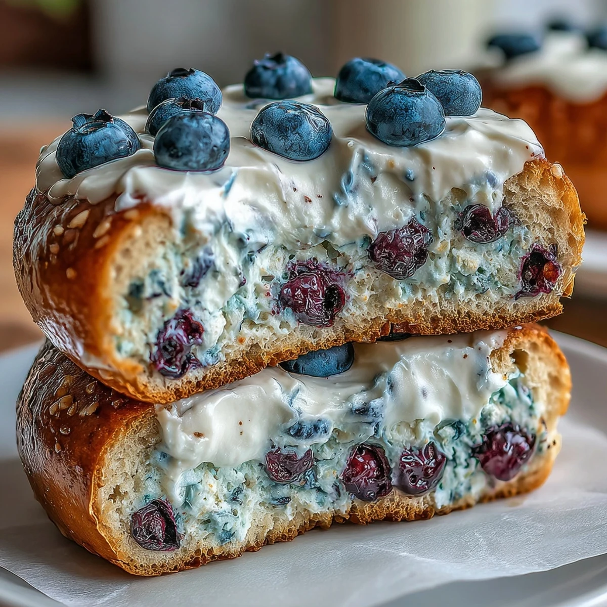 Chewy homemade bagels bursting with blueberries, topped with creamy Greek yogurt frosting for a protein-packed treat.