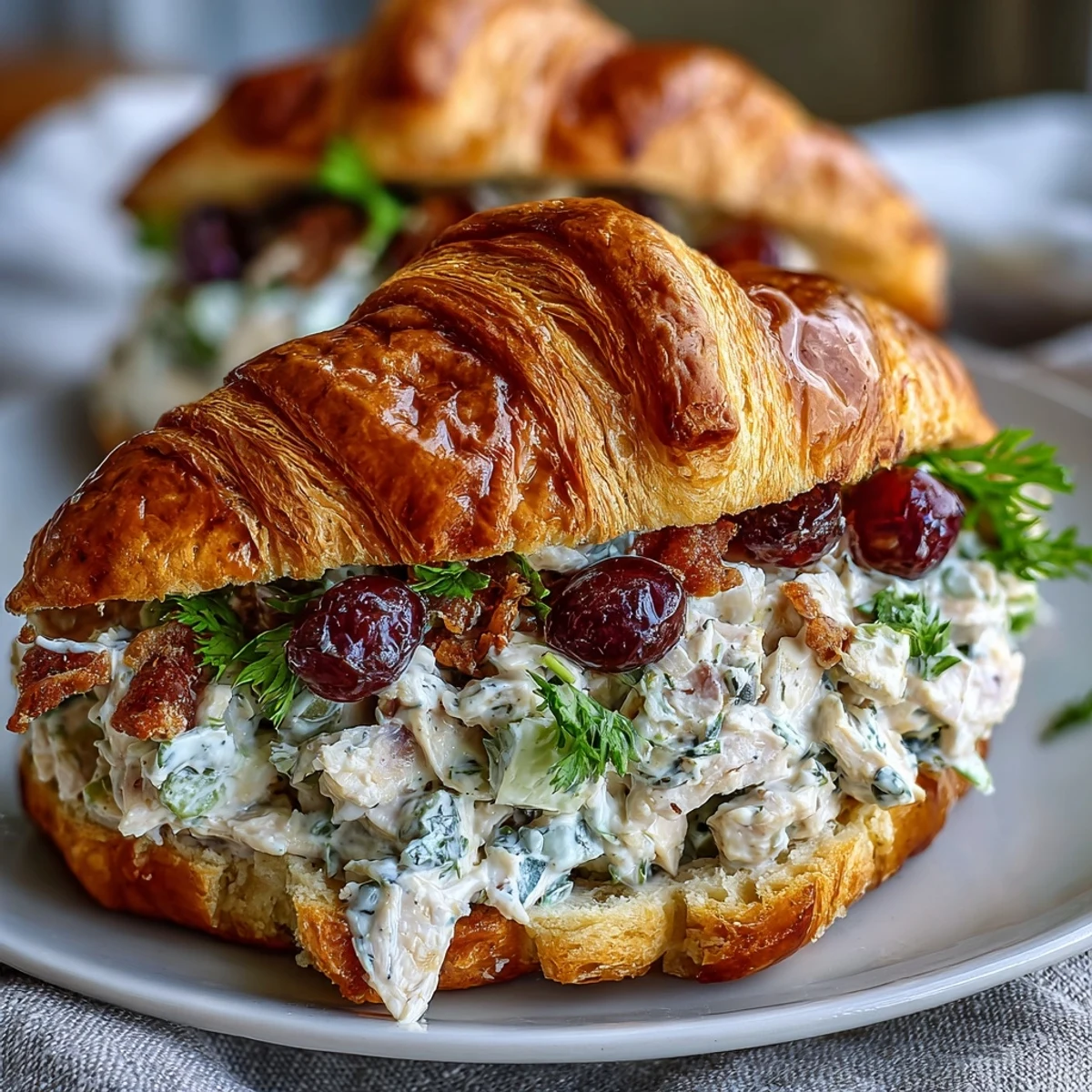 Buttery croissants stuffed with tender chicken, sweet red grapes, and fresh herbs, ideal for a refreshing lunch or outdoor gathering.