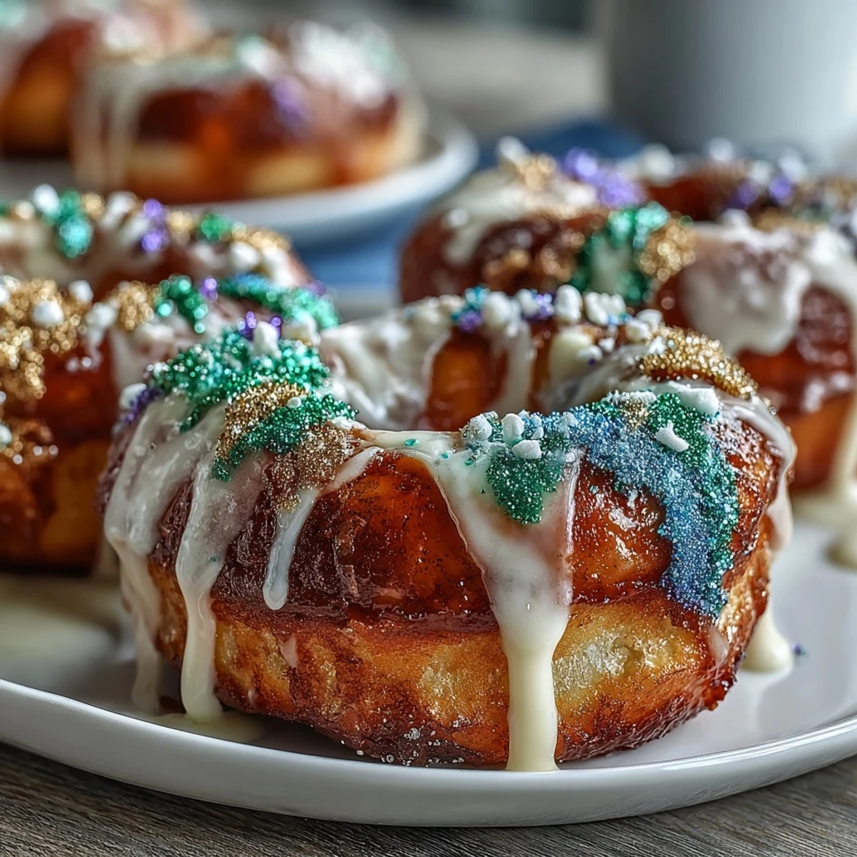Festive King Cake Donuts with Mardi Gras Sprinkles - soft donuts inspired by New Orleans tradition, decorated with colorful sanding sugar for celebration.  