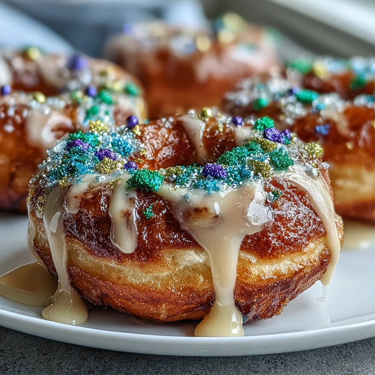 King Cake Donuts with Mardi Gras Sprinkles - golden baked donuts topped with vanilla glaze and vibrant green, purple, and gold sprinkles.  
