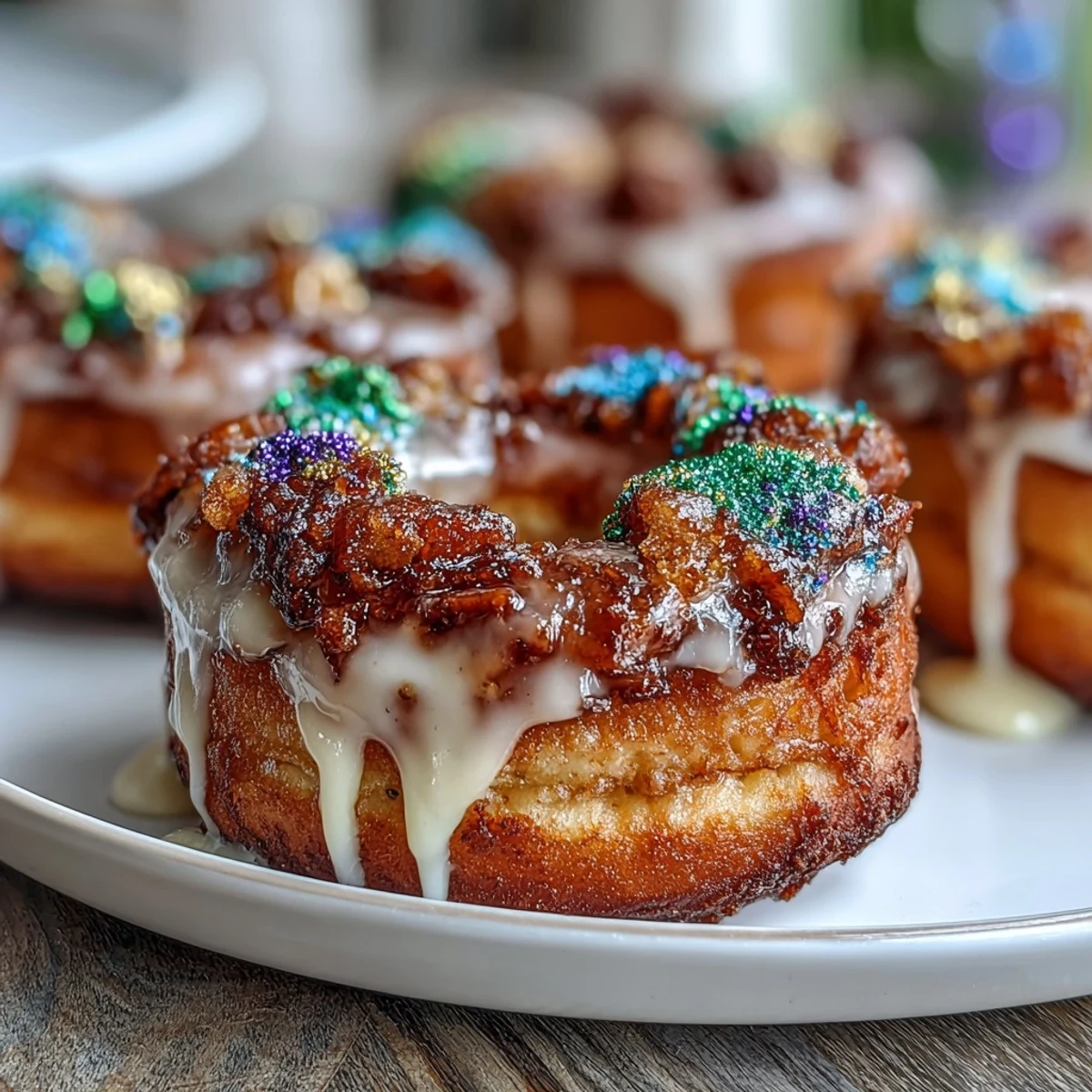 King Cake Donuts with Mardi Gras Sprinkles - lemon-scented baked donuts with vanilla glaze and classic Mardi Gras sprinkle colors.