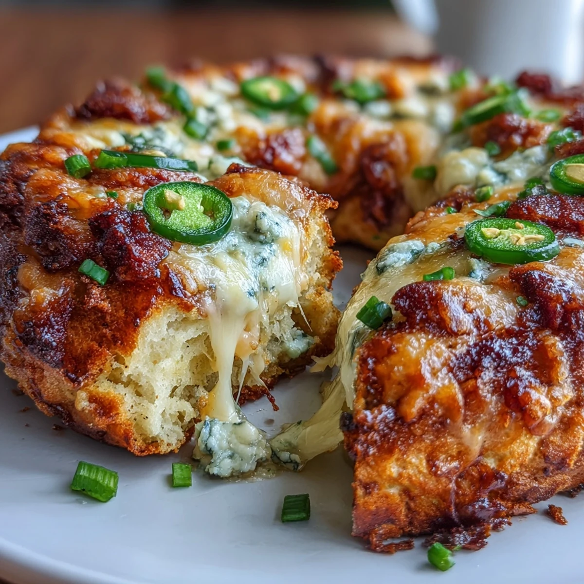Chewy, savory jalapeño cheddar protein bagels topped with bubbly cheese and fresh pepper slices.  
