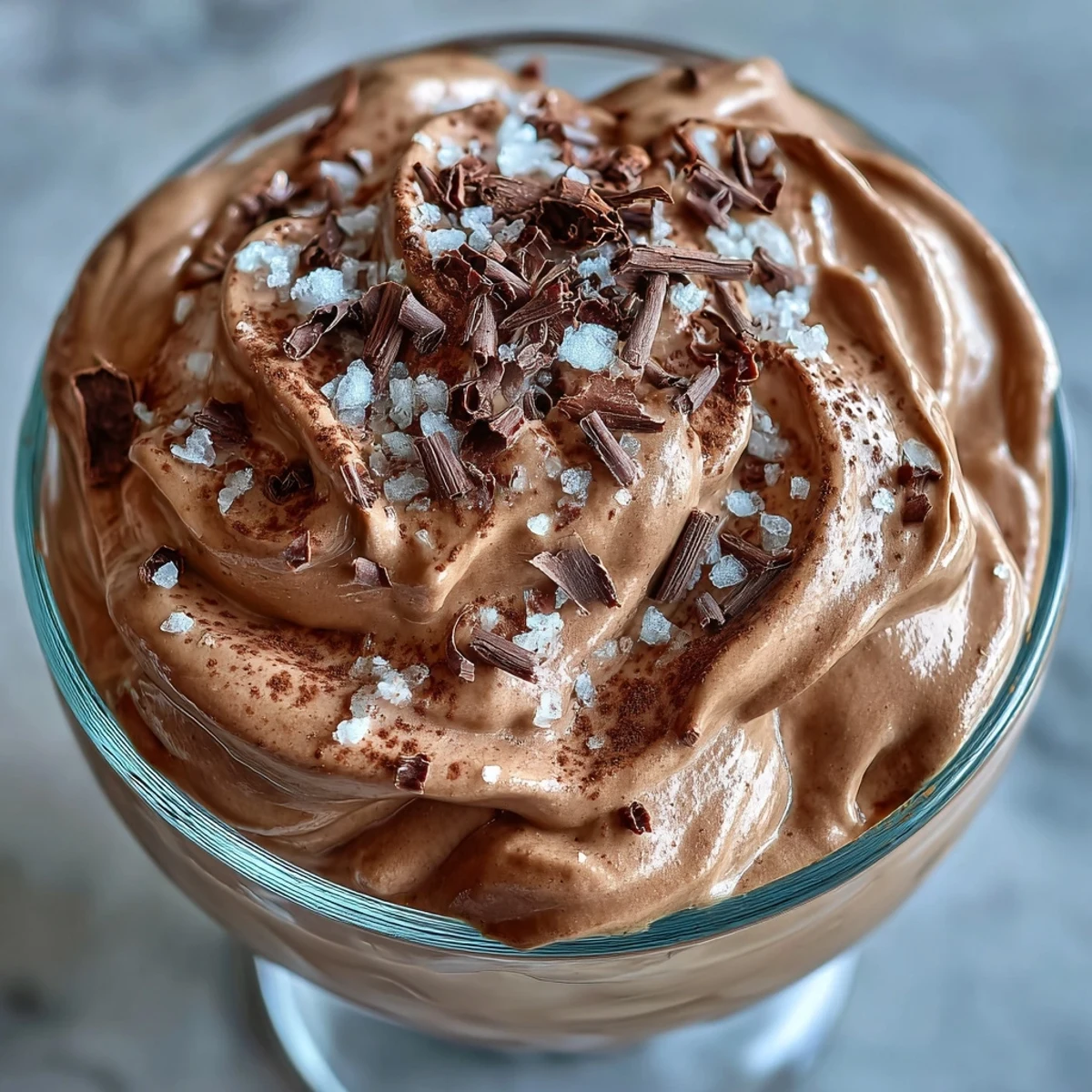 Fluffy yogurt protein mousse with cocoa and sea salt in a glass, topped with berries and dark chocolate shavings.