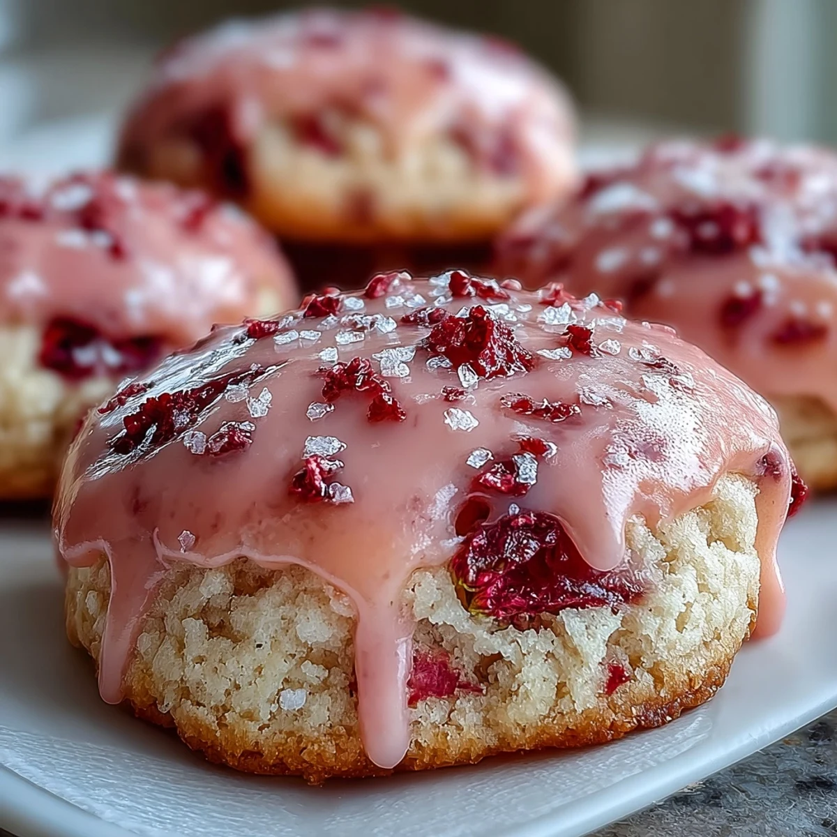 Tender strawberry sugar cookies topped with a vibrant pink icing, ideal for Valentine's Day treats or afternoon tea parties.