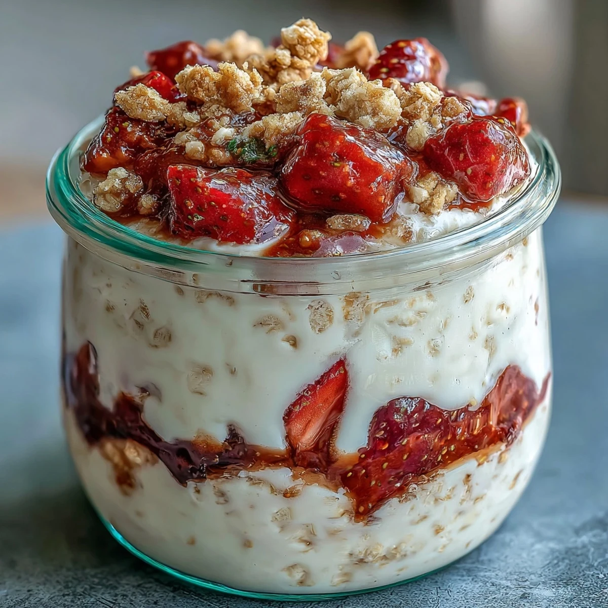Strawberry cheesecake overnight oats with graham crumble in a glass jar, topped with fresh strawberries and a buttery graham cracker crumble for a creamy, indulgent breakfast.