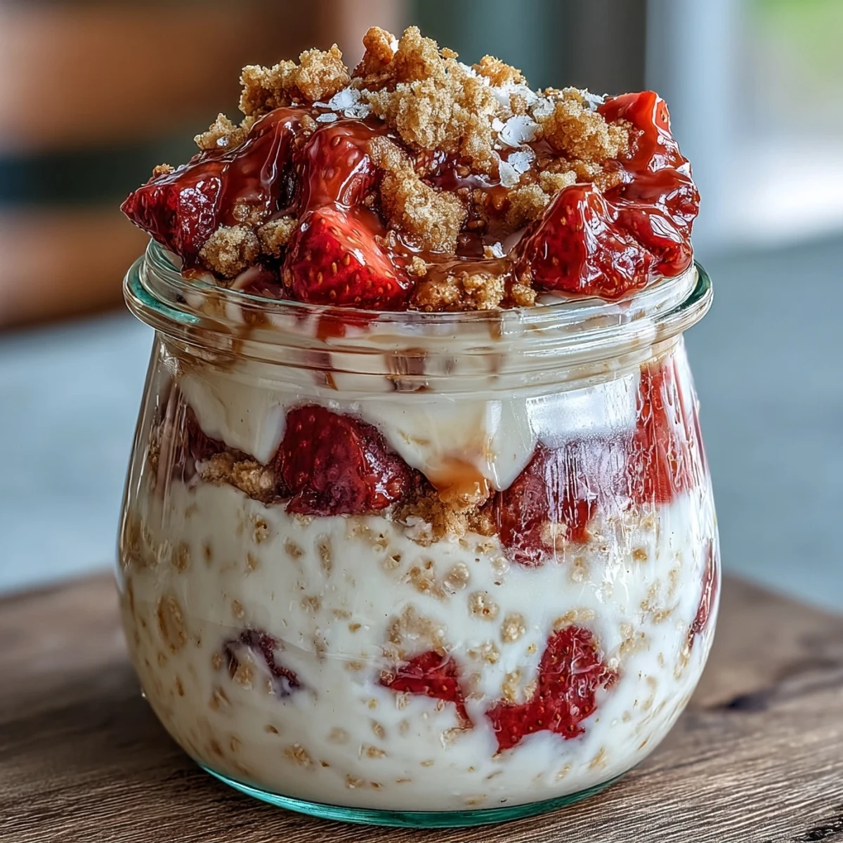 Creamy strawberry cheesecake overnight oats layered with diced strawberries and crunchy graham cracker crumble, served in a mason jar for an easy, no-bake morning treat.