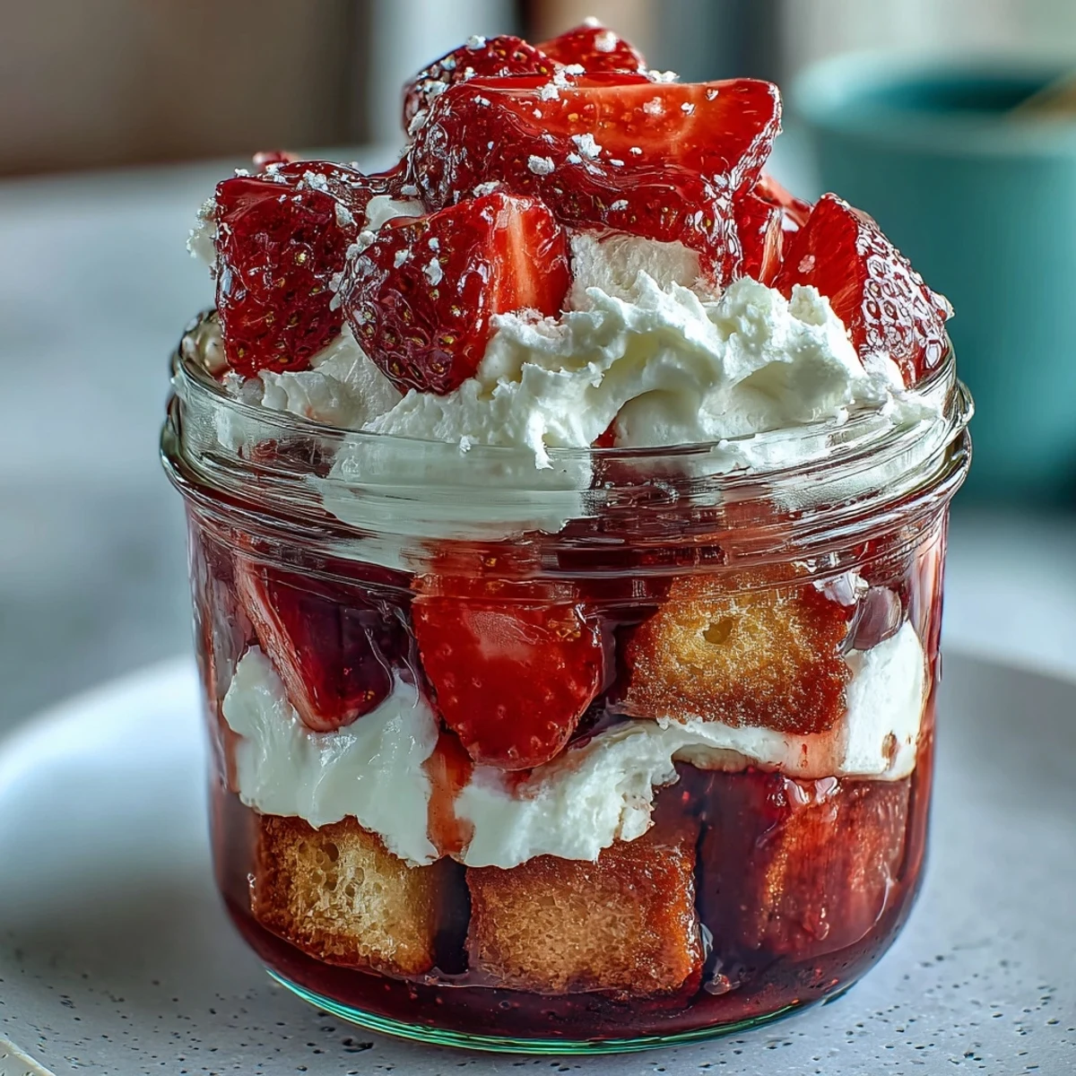Mason jar strawberry shortcake trifle with vibrant strawberry slices, tender shortcake, and airy whipped cream.