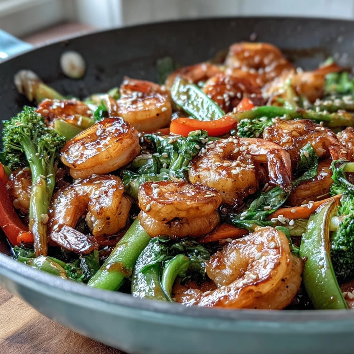 Juicy shrimp and vibrant vegetables sizzle in a hot wok, tossed with a sweet and savory Asian-inspired sauce.