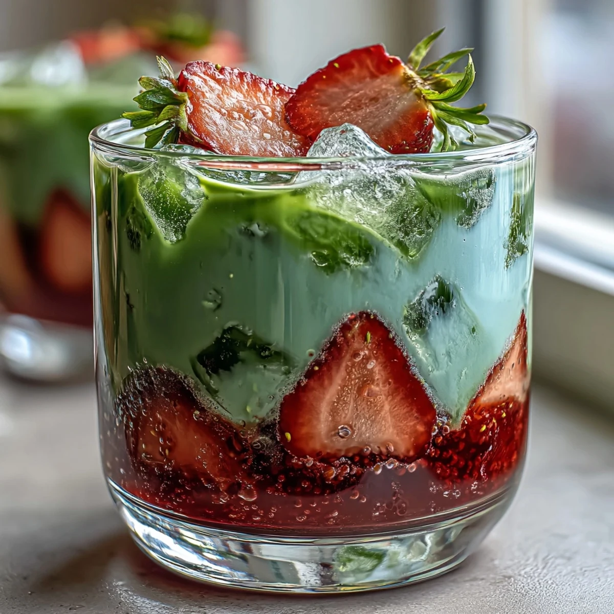 Vibrant layered iced latte with strawberry puree, creamy milk, and earthy matcha—refreshing, sweet, and perfect for summer sipping.