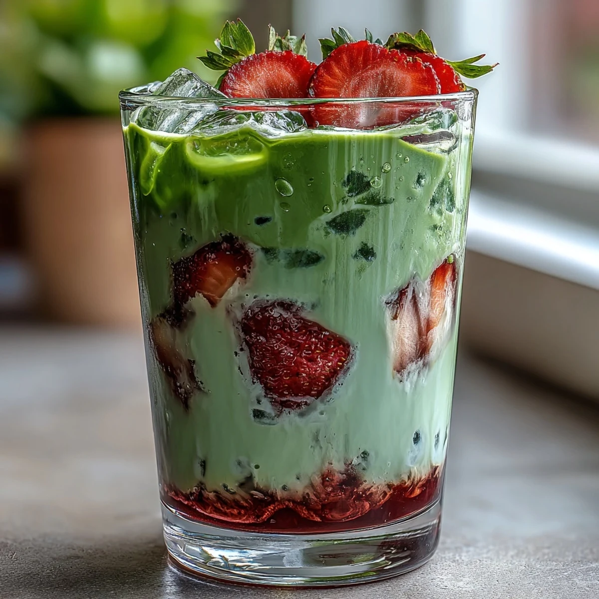 Strawberry matcha latte with smooth green tea, sweet berry puree, and chilled milk—colorful, creamy, and café-worthy at home.