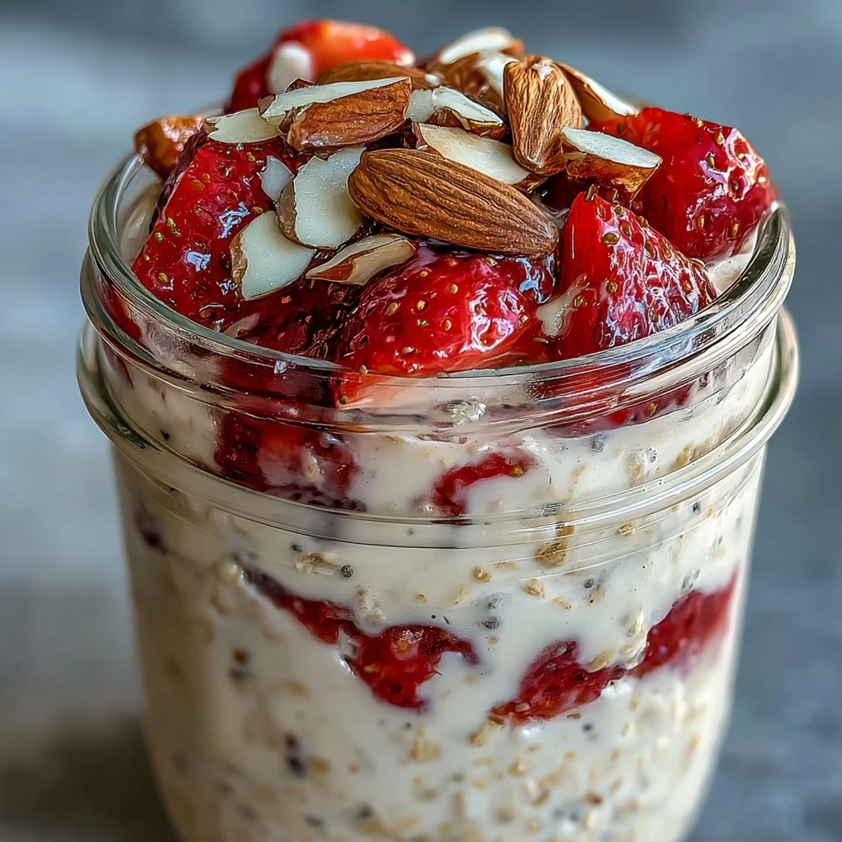 A jar of creamy strawberry protein overnight oats topped with fresh strawberries and sliced almonds for a healthy breakfast.