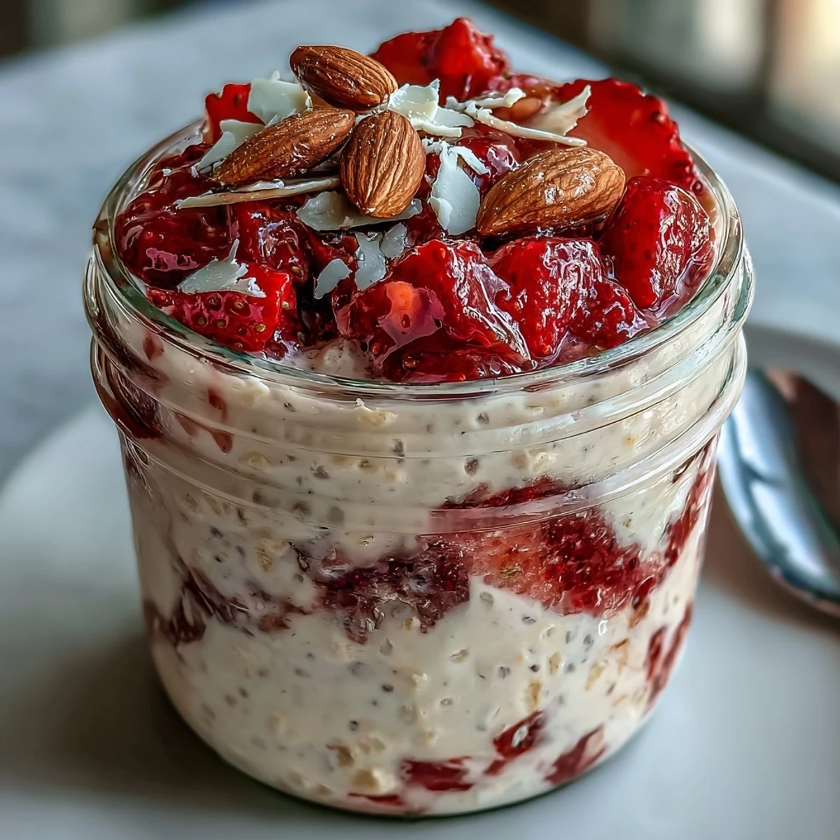 Protein-packed overnight oats with juicy strawberries layered in a jar, perfect for a quick and nutritious morning meal.