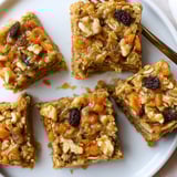 Chewy Peanut Butter Carrot Cake Oat Bars topped with walnuts and cinnamon flavor.