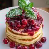 A festive Brunch Board: Pancake Stack shows off a rich red berry topping atop golden pancakes.