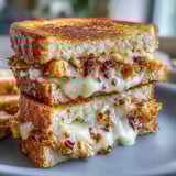 Sizzling Goat Cheese & Hot Honey Chicken Grilled Cheese in a skillet, melty and golden with a side of arugula salad.