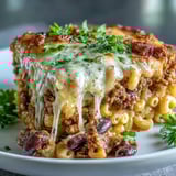 A hearty, creamy Baked Ranch Turkey Chili Mac casserole served steaming hot with fresh cilantro and a dollop of sour cream.