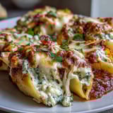 Creamy ricotta filled jumbo pasta shells with pesto chicken and marinara sauce in a white baking dish.