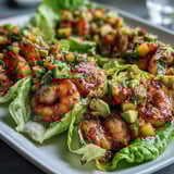 Plump, seasoned shrimp nestled inside crisp butter lettuce cups with vibrant mango salsa and lime.