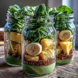 Vibrant Green Smoothie Meal Prep Jars with pineapple and spinach layered for a fresh, nutrient-dense breakfast.