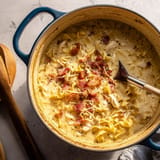 A bowl of creamy crack chicken noodle soup.
