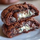 Decadent brownie cookies filled with creamy cheesecake center, baked to perfection for a sweet indulgence.