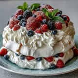 A stunning Mothers Day dessert with a delicate pavlova base, fluffy whipped cream, and a medley of fresh strawberries, blueberries, and raspberries.