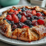 Golden Summer Berry Galette with almond crust, ready for serving with cream.