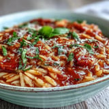 Hearty Spicy Arrabbiata Orzo, a quick vegetarian Italian meal with chili heat.
