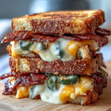 Spicy jalapeño bacon grilled cheese with perfectly browned sourdough bread, ready to eat.