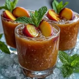 Refreshing Peach Iced Tea Slush Cups topped with fresh peach slices and mint.