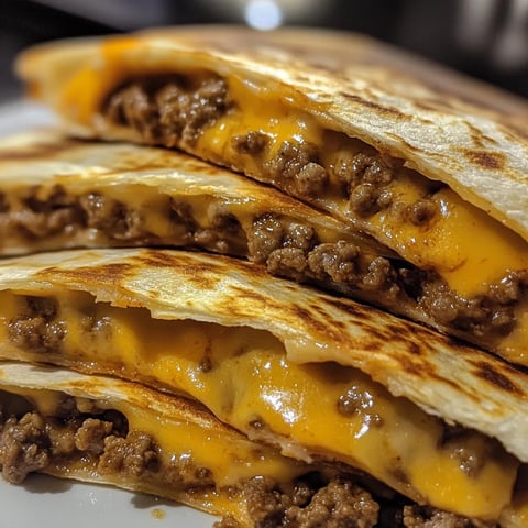 A cheeseburger quesadilla is stacked on a plate.