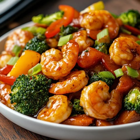 A plate of shrimp and broccoli with a brown sauce.