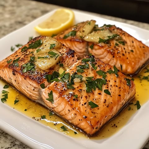 Two pieces of salmon with garlic butter on a white plate.