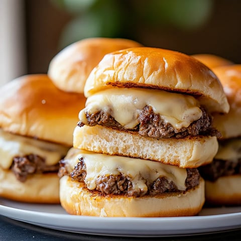 Four beef and cheese sliders stacked on a plate.