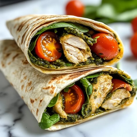 A pesto chicken wrap with tomatoes and spinach.