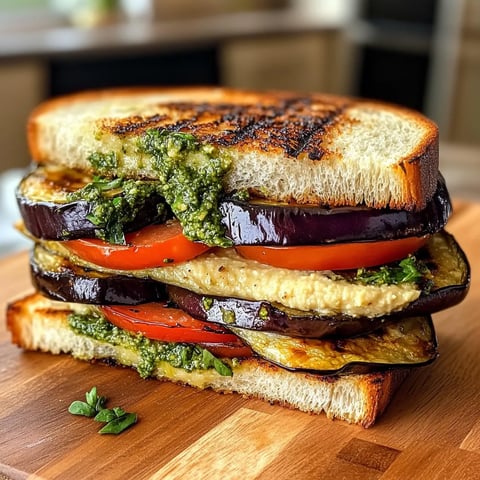 A grilled eggplant sandwich with tomatoes and basil.