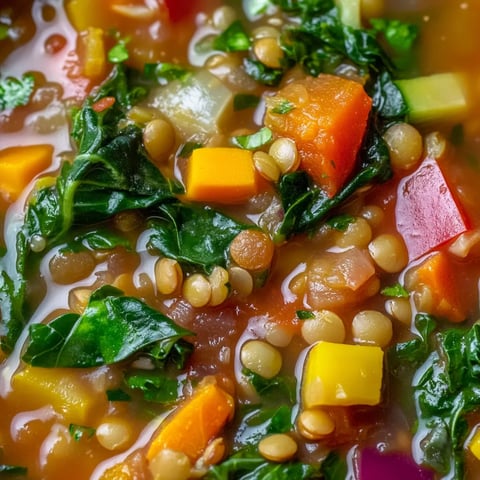 A bowl of vegan lentil soup with various vegetables.