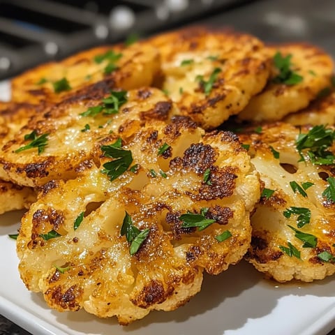 Roasted cauliflower steaks on a white plate.