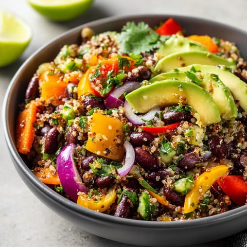 A bowl of quinoa and black beans.