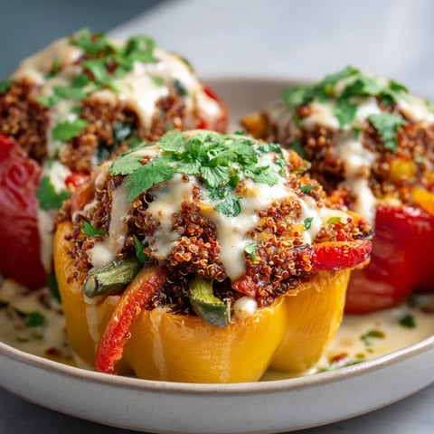 Three stuffed bell peppers with cheese and herbs.