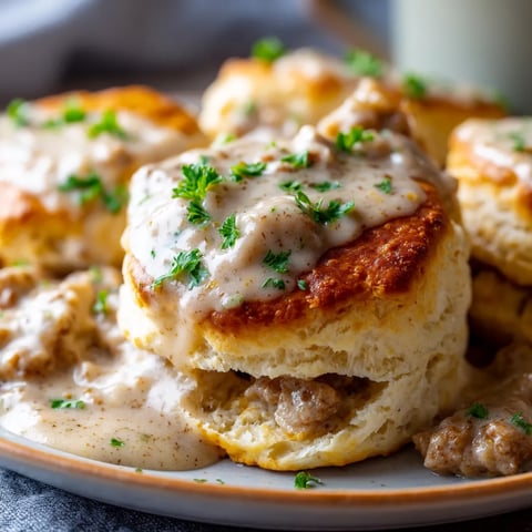 A plate of biscuits covered in sausage gravy.