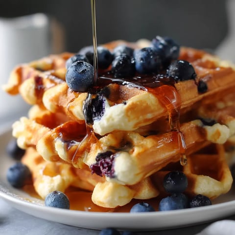 A stack of waffles with blueberries and syrup.