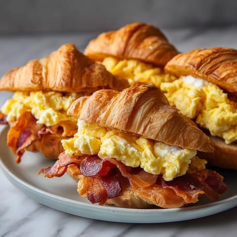 Two croissant sandwiches with bacon and egg filling.