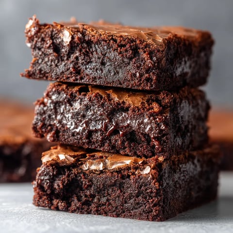 Three stacked brownies with chocolate frosting.