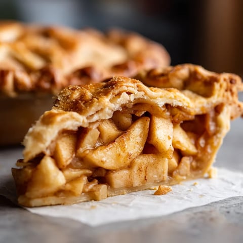 A slice of apple pie with a cinnamon crust.