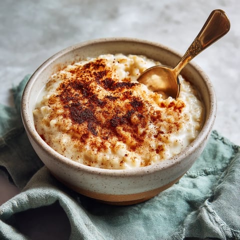 A bowl of rice pudding with a spoon in it.