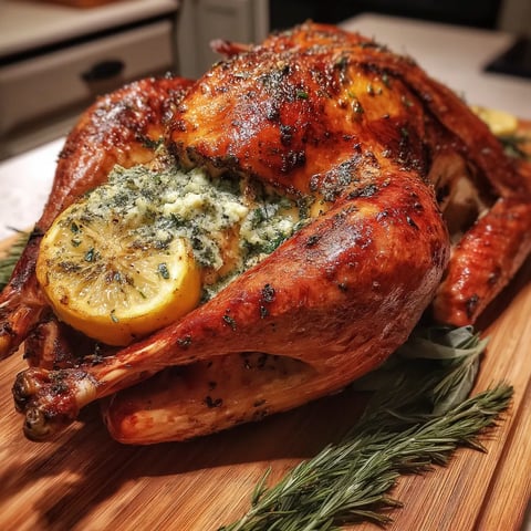 A roasted turkey with herb butter on it.